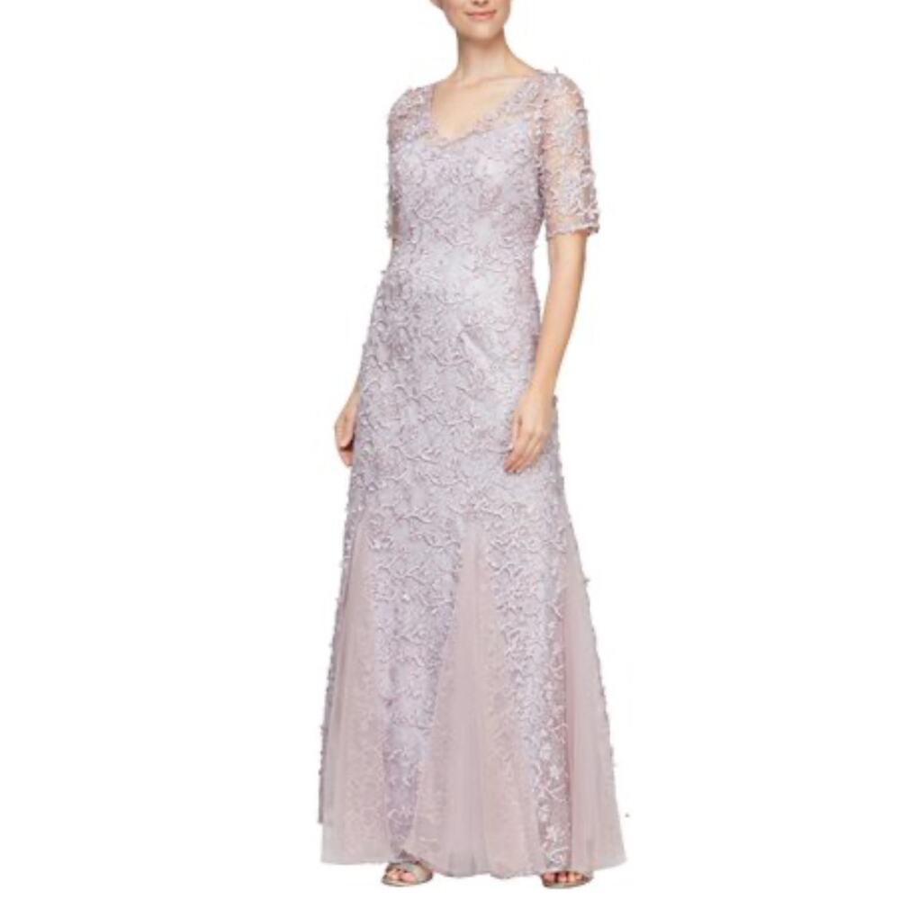 Alex Evenings Sequined Lace Short Sleeve A-Line Evening Gown Purple Size 4 Dress